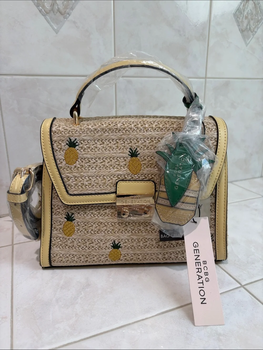 BCBG Generation Pineapple Straw Top-Handle Bag in Yellow with Crossbody Strap